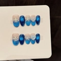 Blue ocean-themed press-on nails with 3D starfish and pearl charms on a white display card - Small (S) / Blue Sea Star Shell Style (W377-Short Oval)