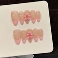 Unghie finte French fatte a mano con fiori di ciliegio 3D e dettagli oro - XS / Mandorla Media (790)