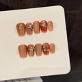 Handgefertigte braune Katzenaugen-Nägel zum Aufkleben mit glitzernden Strasssteinen - XS / Kurze Sargform (W350)