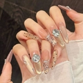 Press-on nails with golden cat-eye effect, leopard print, and sparkling rhinestones - XS / Narrow Oval Shape
