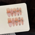 Unghie finte fatte a mano sfumate rosa cat-eye con fiocchi 3D e strass - Extra Piccolo (XS) / Ovale Lungo