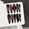Gothic black and red press-on nails with silver crosses and red gemstones - Extra Small (XS) / Black And Red Dual Color (102-細狗尖)
