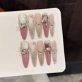 Unghie finte fatte a mano sfumate rosa con cristalli di lusso e glitter argento - Extra Piccolo (XS) / Stile Appuntito Sottile (W343-细狗尖)