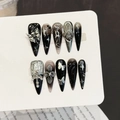 Handmade stiletto nails with gothic skull, silver chains, and 3D floral accents in black - Small (S) / 3255-Long Stiletto