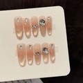Handmade almond press-on nails with golden cat eye gradient and rhinestone accents - Extra Small (XS) / W410-Long Oval