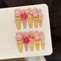 Unghie finte sfumate giallo e rosa con maialino 3D, stelle e decorazioni di perle - XS / Stiletto (W302)