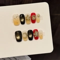 Set unghie finte artigianali con fiori 3D in stile occhio di gatto oro e rosso - Extra Piccolo (XS) / Stile Bara Corta (W36)