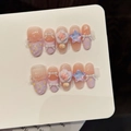 Faux ongles faits main dégradé rose et violet avec charmes papillon 3D et étoiles - Très Petit (XS) / Ovale Court (W375)
