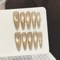 Champagne gold gradient press-on nails with luxury diamond cross and metallic gold lines - Extra Small (XS) / Light Gold Gradient (1371-Stiletto)