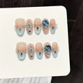 Handgefertigte Press-on-Nägel mit blau-rosa Farbverlauf, Luxus-Strass und Cat-Eye-Effekt - L / Mittleres Oval (3141)