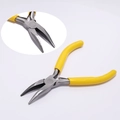 Detail of bent nose jewelry pliers with yellow anti-slip handles and macro tip view - Bent Nose Pliers