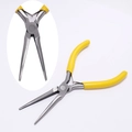 Macro detail of yellow anti-slip handle and steel spring mechanism on needle nose pliers - Long Needle Nose Pliers