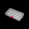 Detail of 15-compartment clear plastic organizer box with a vibrant pink locking buckle - White with Pink Clasp