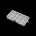 Macro detail of the 18-grid plastic jewelry box with a secure blue snap latch and hanging hole - White with Blue Clasp