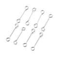 Close-up of eight silver-plated dual-head eye pins for professional DIY jewelry making - 15mm / Rhodium