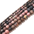 Matte Rhodonite beads in multi-size strands with pink and black natural speckled textures - Matte Black Veined Rhodonite / 4mm