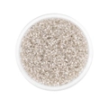 Close-up of 2mm silver glass seed beads neatly packed in a clear round container - 1800 pcs/Pack (2mm) / Clear White