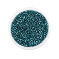 Macro detail of 2mm teal glass seed beads stored in a round transparent container - 1800 pcs/Pack (2mm) / Teal