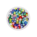 Macro view of colorful acrylic flat round beads with white Cyrillic letters in a container - Round Transparent White Russian Alphabet / 100pcs Pack