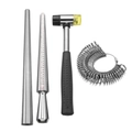 Dettaglio kit misurazione gioielli con mandrino in acciaio inox e misuratore anelli - Mandrino in Ferro + Mandrino a 4 Scale + Martello + Misuratore Set