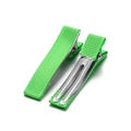 Detailed macro view of grass green grosgrain ribbon wrapped metal alligator hair clips - 4.8cm / Green
