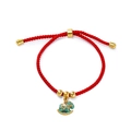 Close-up of red woven bracelet with gold beads and a green enamel horse charm pendant - 1 Piece / Blue Rocking Horse with Gold Beads