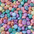 Flat macaron acrylic beads with silver letters for DIY handmade jewelry crafting - (6*10mm/Hole 2.3mm) 30 Pieces / Colored Background With Silver Letters