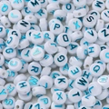 Flat acrylic white beads with shiny blue gold letters for DIY jewelry making - (6*10mm/Hole 2.3mm) 30 Pieces / White Background with Blue Lettering
