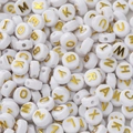 6x10mm white acrylic flat round beads with gold letters for DIY jewelry making - (6*10mm/Hole 2.3mm) 30 Pieces / White with Gold Print