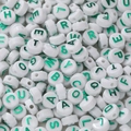 White acrylic flat round letter beads with green metallic alphabet for DIY jewelry - (6*10mm/Hole 2.3mm) 30 Pieces / White With Green Letter
