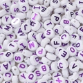 6x10mm white acrylic flat beads with purple metallic alphabet letters for DIY jewelry - (6*10mm/Hole 2.3mm) 30 Pieces / White With Purple Letter