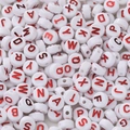 White acrylic flat round beads with gold stamped red capital letters for DIY jewelry - (6*10mm/Hole 2.3mm) 30 Pieces / White with Red Letters
