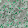 Flat round frosted acrylic beads with green metallic alphabet letters for DIY jewelry - (6*10mm/Hole 2.3mm) 30 Pieces / Glow In The Dark Green Letter