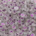White acrylic flat round letter beads with purple metallic alphabet for DIY jewelry - (6*10mm/Hole 2.3mm) 30 Pieces / Glow In The Dark Purple Letter