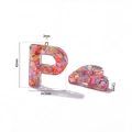 Detailed view of pink heart glitter resin letter P pendant with size measurements - Letter P