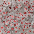 DIY translucent frosted acrylic beads in flat round shape with red metallic gold letters - (6*10mm/Hole 2.3mm) 30 Pieces / Glow In The Dark Red Letter