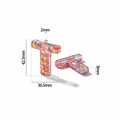 Macro detail of T-shaped resin pendant with colorful sequins and dimensions overview - Letter T