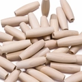 Macro detail of oval spindle-shaped natural wood beads with smooth grain and pre-drilled holes - Pack of 10 (Approx. 14x45mm)