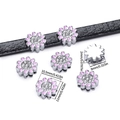 Pink enamel flower charm with crystals on a black leather bracelet, detailed size view - Pink Daisy