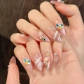 Uñas postizas almendra ojo de gato rosa con perlas, estrellas y diamantes azules - XS / Forma de Almendra