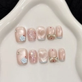 Set de uñas postizas ojo de gato rosa con flores 3D azules y lazos brillantes - XS / Ballet Ultra Corto (2898)