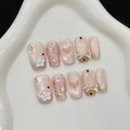 Uñas postizas ojo de gato rosa con purpurina, flores 3D y detalles de lazos de cristal - XS / Nuevo Estilo Chino (2966)