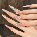 Uñas postizas ojo de gato rosas con perlas, pedrería y dijes de concha para mujeres - XS / Forma de Estilete