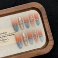 Baroque blue cat eye press-on nails with heart rhinestones and gradient gold foil design - XS / Gradient Blue Cat Eye Long Oval (2919)