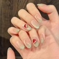 Kurze ovale Cat-Eye Kunstnägel mit hellgrünem Farbverlauf und 3D-Wassermelonen-Design - XS / 2950-Kurz Oval