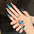 Unghie finte blu scuro cat eye con farfalla 3D in forma a mandorla lunga - XS / Stile Ovale Lungo (2934)