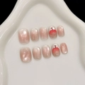 Rosa Cat-Eye-Nägel zum Aufkleben mit handgefertigtem 3D-Apfel auf weißem Tablett - XS / 2997-Kurz Rund
