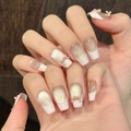 French champagne cat-eye press-on nails with 3D bows and white tips on a coffin shape - XS / 2972-Short Coffin