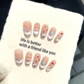 Handmade cat-eye press-on nails with nude base, silver magnetic tips, and 3D floral accents - XS / Medium Oval (W113)