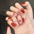 Unghie finte rosse cat-eye con design a pois e forma quadrata arrotondata da donna - XS / Occhio di Gatto a Pois Rossi (3060)